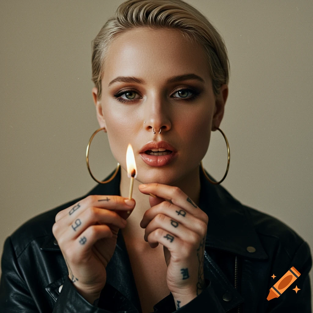 A stylish woman with slicked-back blonde hair, smoky eyes, and a nose piercing holds a lit match. She wears a black leather jacket and gold hoop earrings.