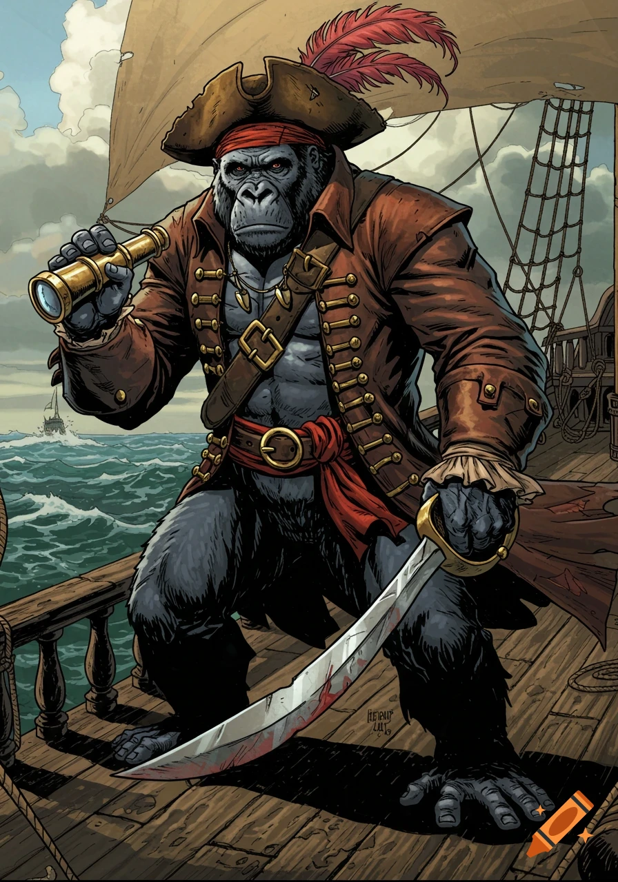 A powerful silverback gorilla pirate in a brown coat and red sash stands on a ship deck, holding a spyglass and a bloody cutlass in a comic book art style.