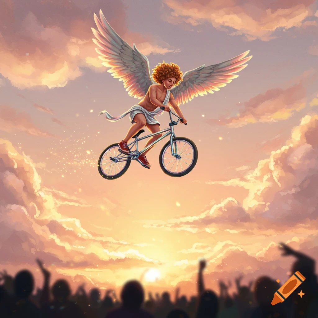 Cupid, with wings and curly red hair, rides a BMX bike through a vibrant sunset sky, as a crowd watches below. Digital art.