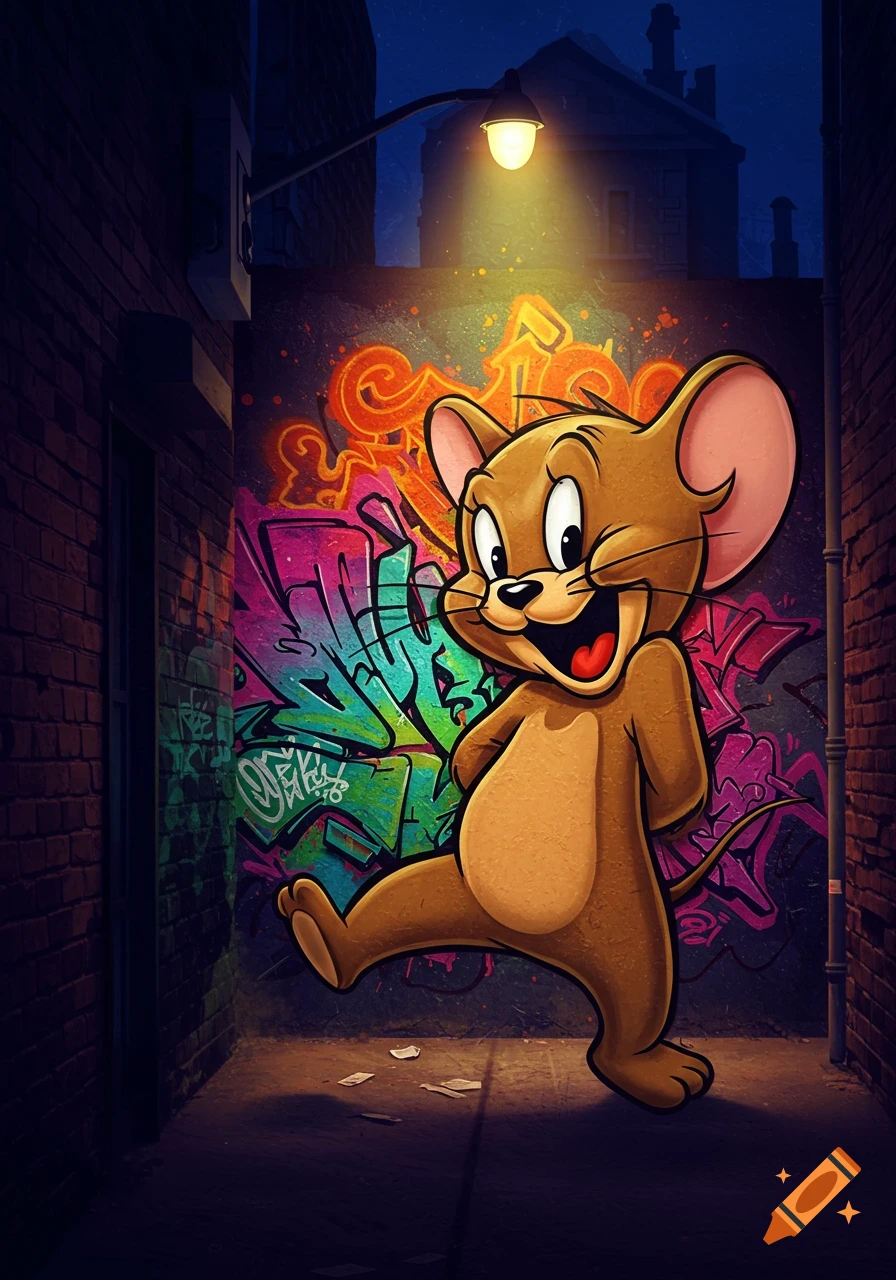 Jerry the mouse stands happily in a dimly lit alleyway in front of a vibrant, abstract graffiti wall under a single street lamp.