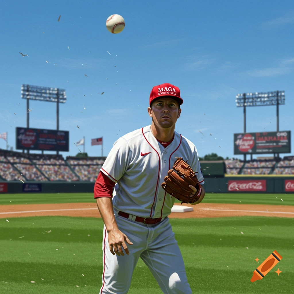 A man in a red MAGA hat and baseball uniform stands on a baseball field, looking up at a baseball in mid-air, with stadium lights and spectators in the background. Photorealistic style.