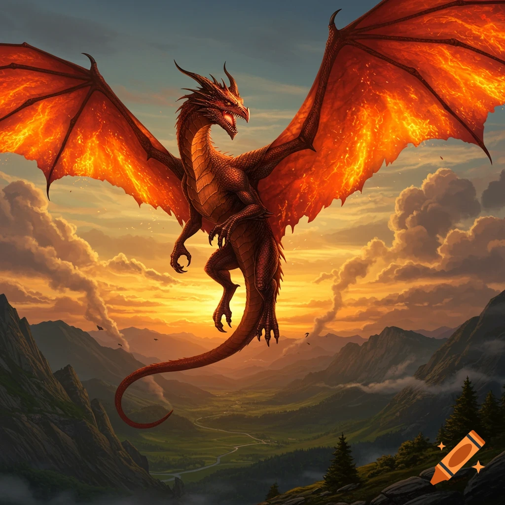 A majestic red dragon with large, fiery orange wings soars over a vast, green mountainous landscape at sunset.