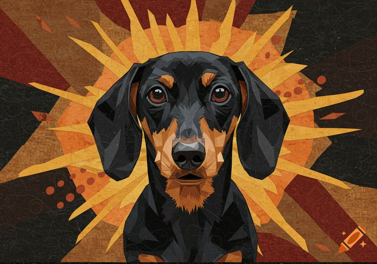 A black and tan dachshund's head rendered in geometric shapes, resembling a quilt, against a sunburst background.