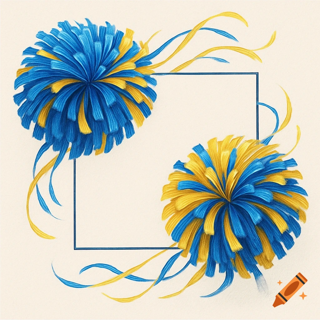 Blue and yellow cheerleading pom-poms frame an empty square outline, depicted in a vibrant drawing style.