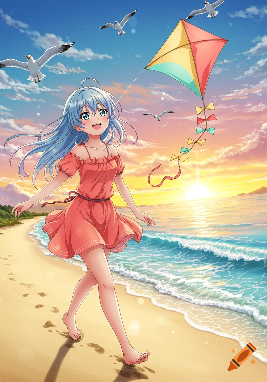 An happy anime girl with blue hair walks barefoot on a beach at sunset, holding a kite string as seagulls fly overhead.