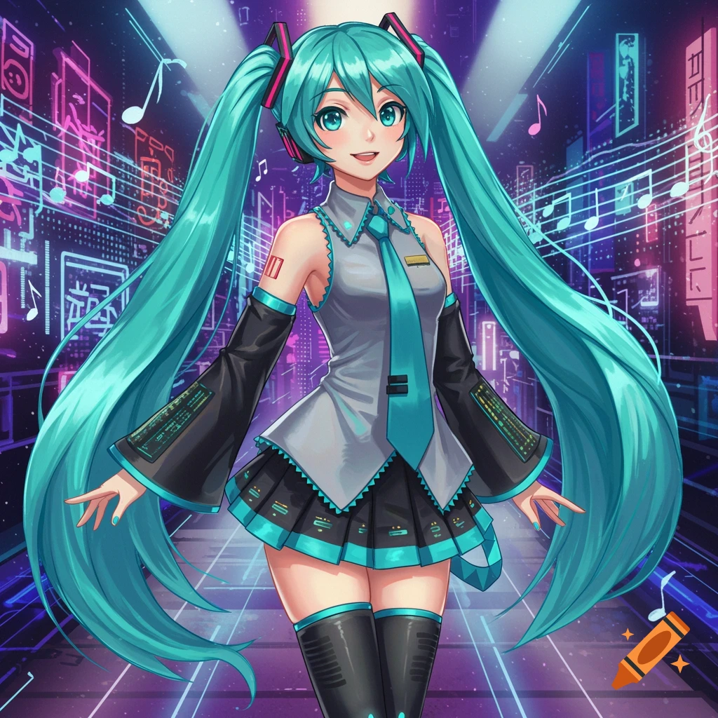 Hatsune Miku in her signature outfit and long teal pigtails, smiling against a vibrant neon futuristic city background with musical notes.