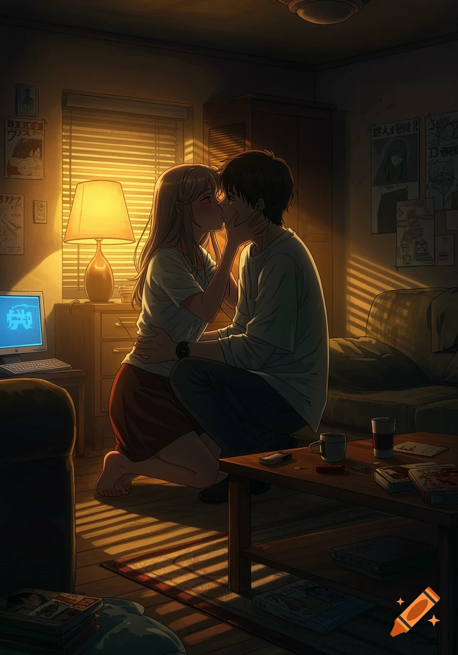 An anime-style couple shares a tender kiss in a dimly lit room, illuminated by a warm lamp and window blinds.