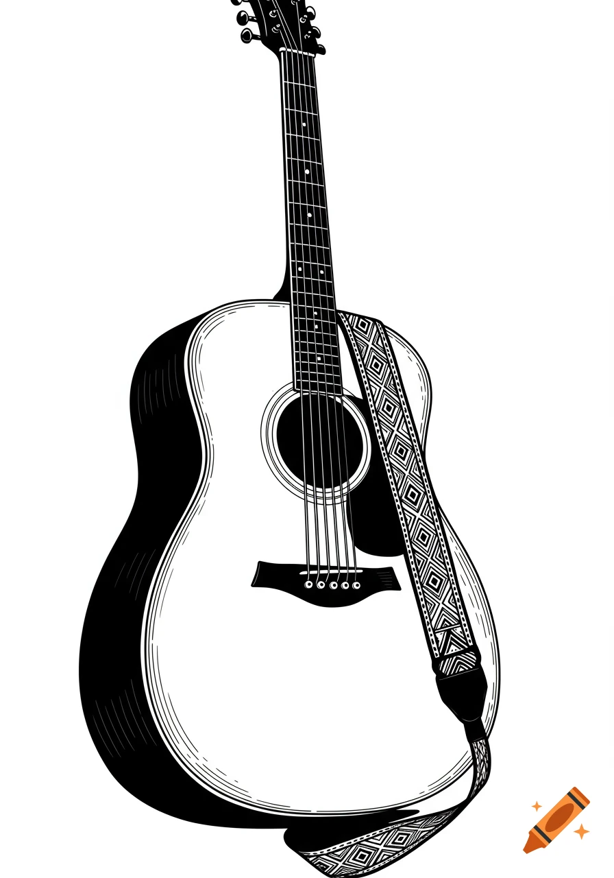 Black and white illustration of an acoustic guitar with a patterned strap.