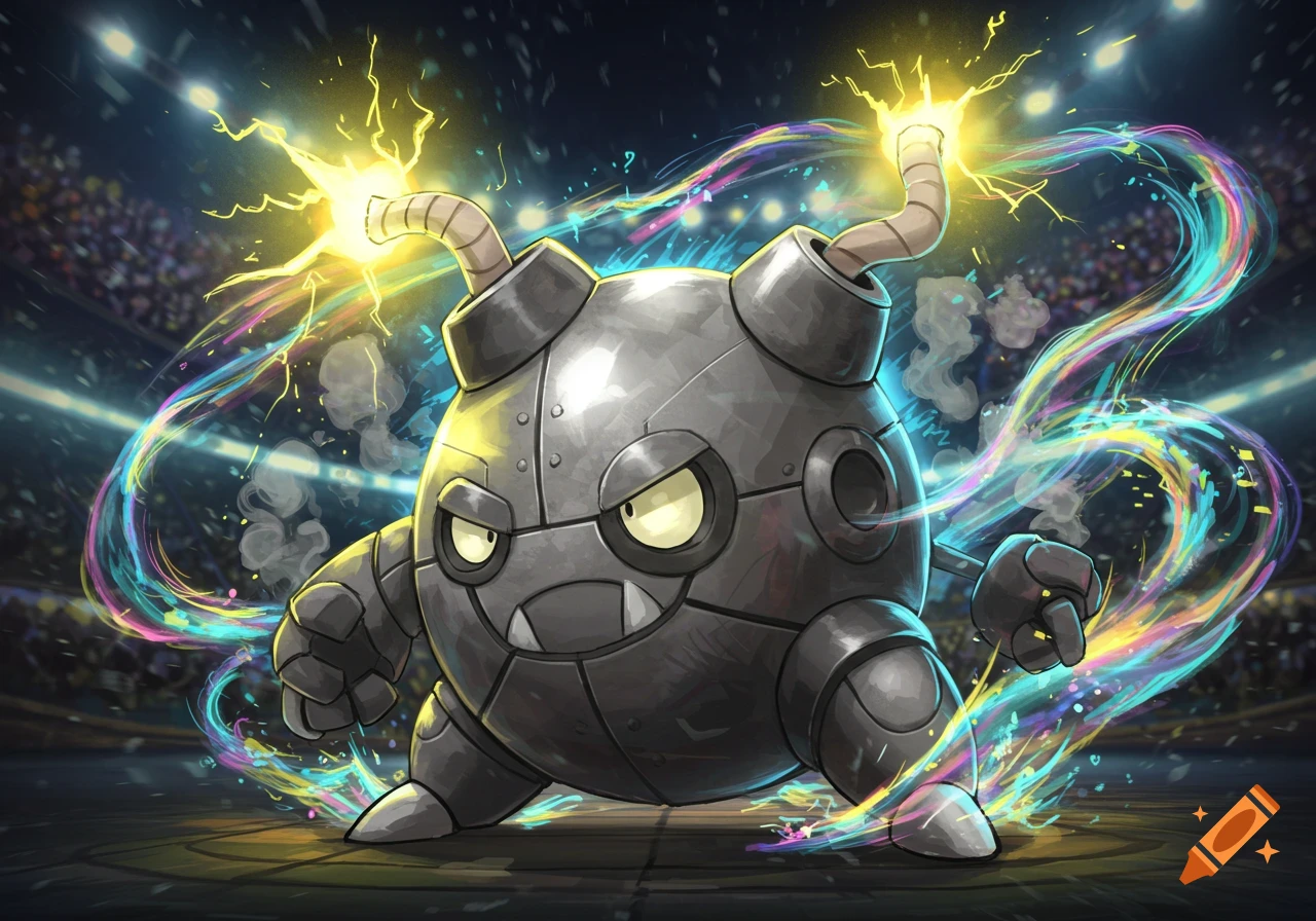 A gray, bomb-like creature with fuses for horns emitting electricity stands in an arena with swirling rainbow energy.