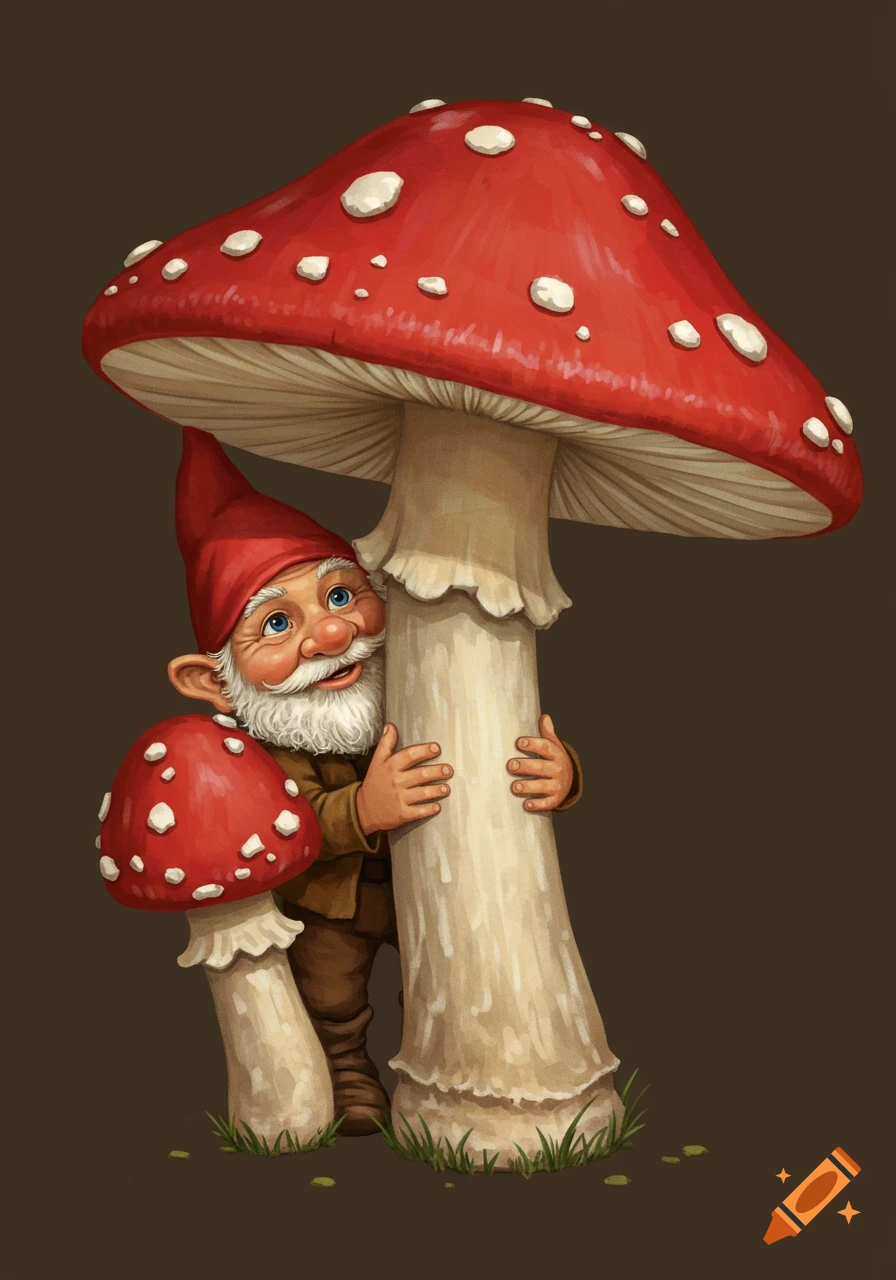 A smiling gnome in a red hat hugs the stem of a large red mushroom with white spots, with a smaller mushroom beside him.