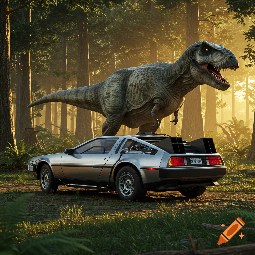 A large Tyrannosaurus Rex stands behind a silver DeLorean time machine in a sunlit prehistoric forest, rendered in a photorealistic style.