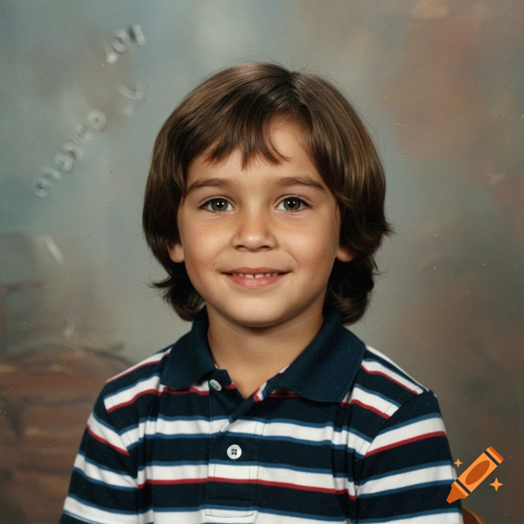 A smiling young boy with light brown hair and a striped polo shirt poses for a 1990s-style yearbook portrait.