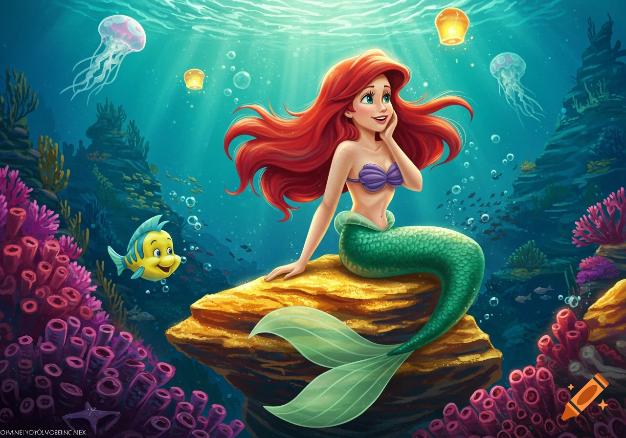 Ariel the Little Mermaid sitting on a rock underwater with Flounder and jellyfish in a vibrant cartoon style.