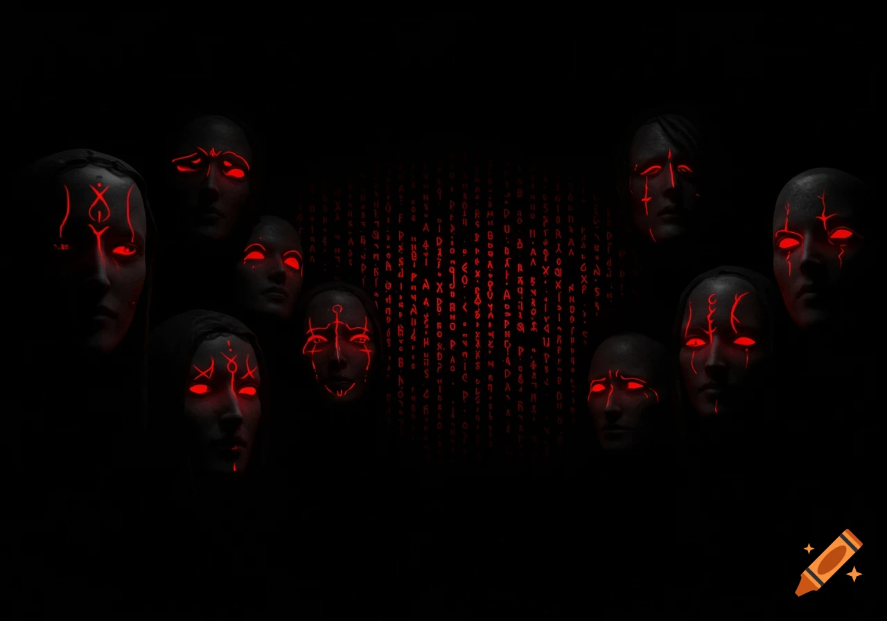 Dark image featuring multiple faintly visible faces with glowing red eyes and red markings, set against a background of falling red code-like characters.