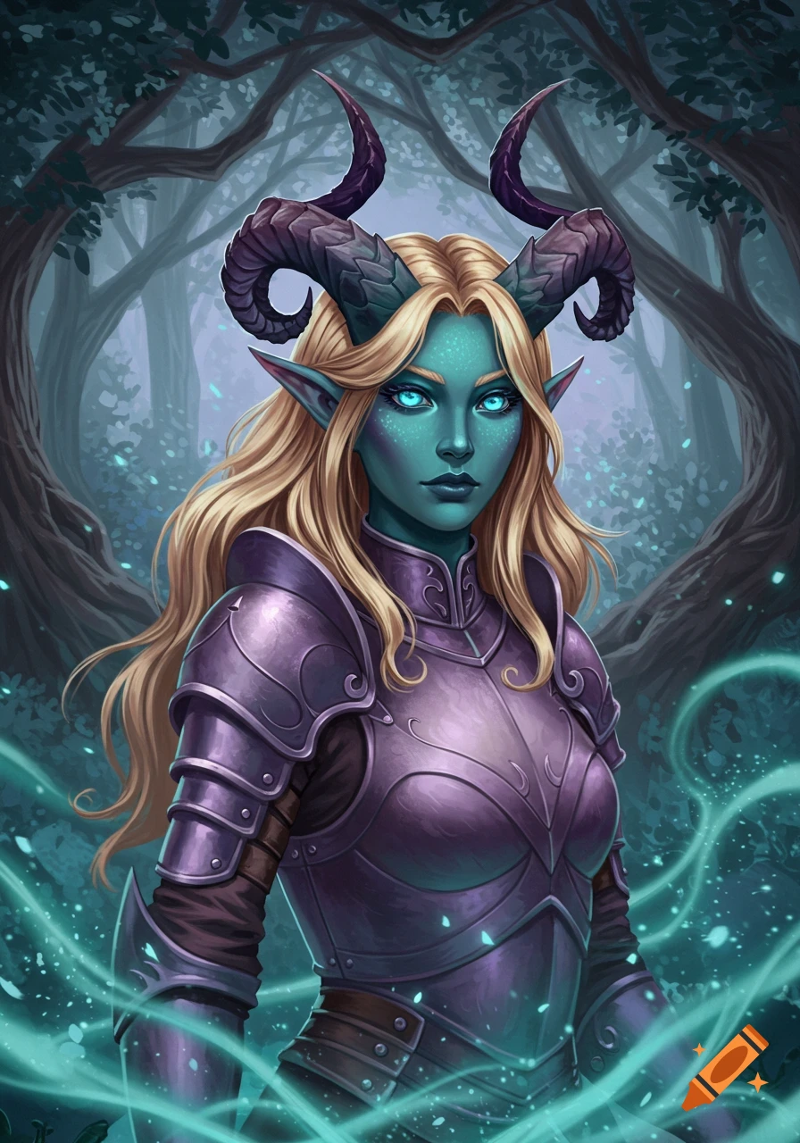 A teal-skinned tiefling woman with blonde hair, azure eyes, and black horns wears light purple armor in a magical forest.