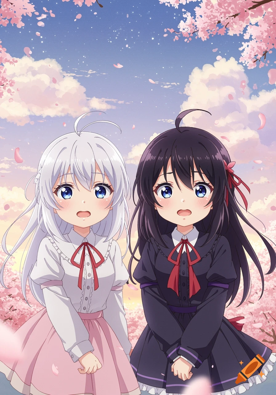 Two nervous anime girls, one with white hair and one with black hair, look up under falling cherry blossoms.