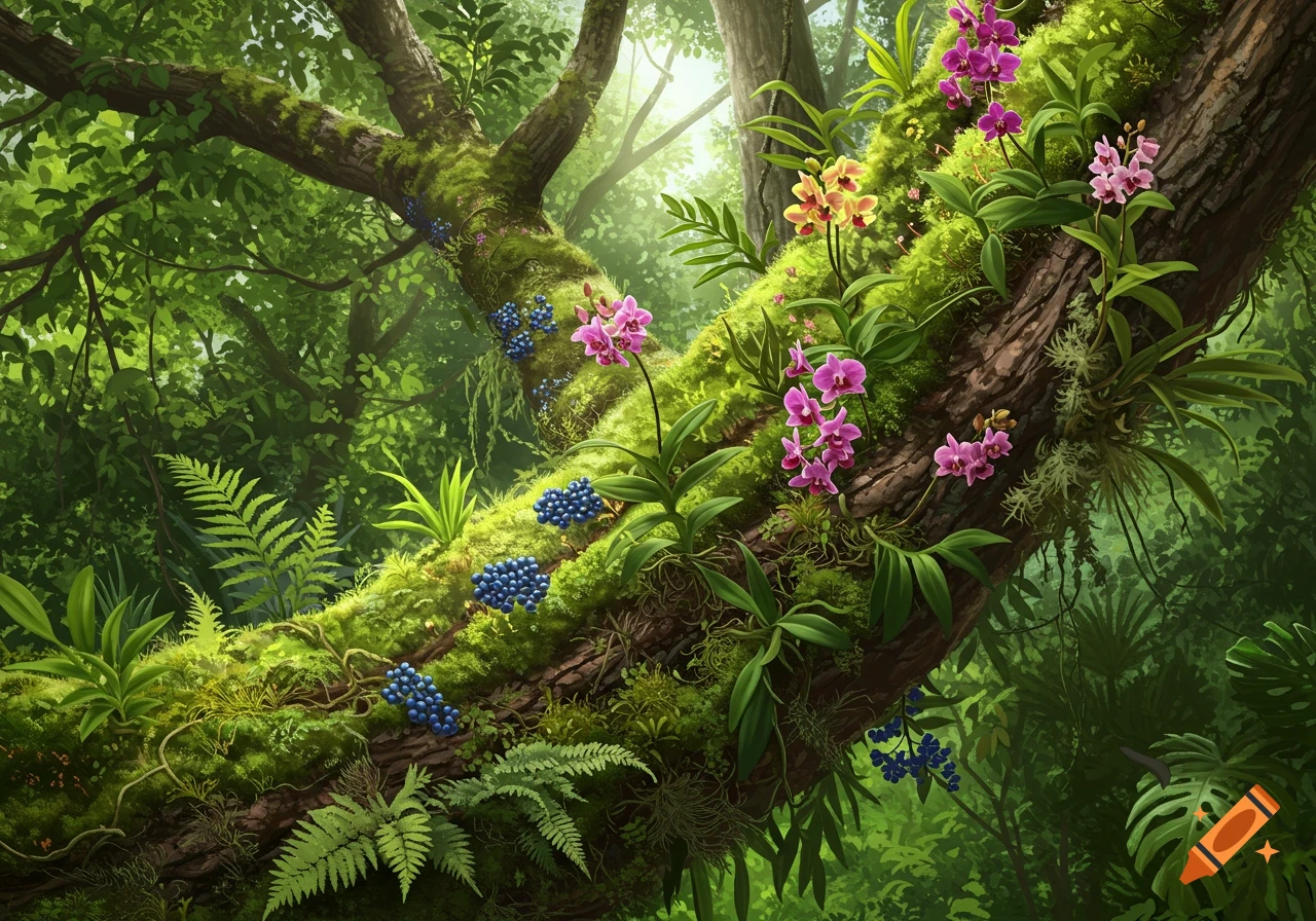 A lush, detailed depiction of a moss-covered tree branch in a vibrant jungle, adorned with pink and yellow orchids and blue berries. Sunlight filters through the dense green canopy.