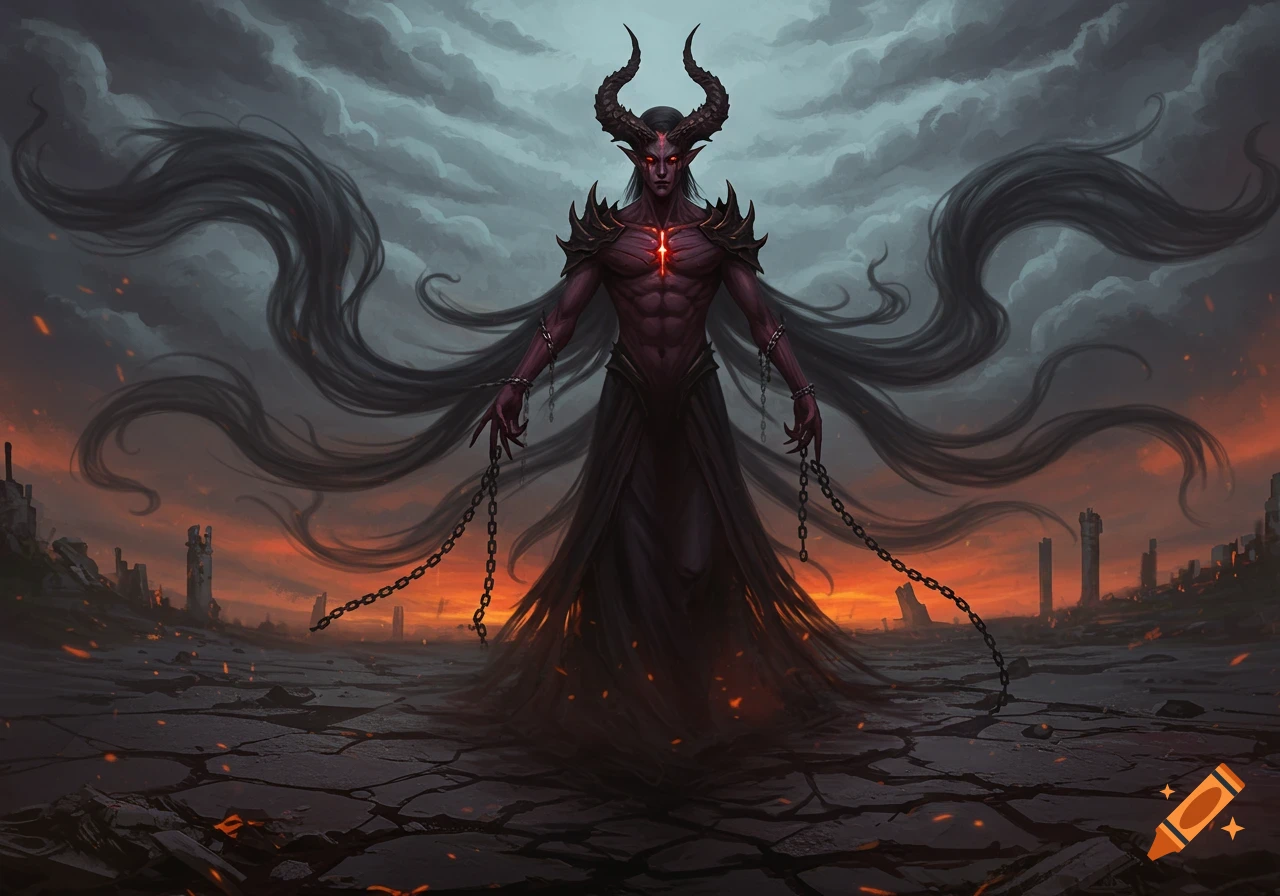 A dark fantasy illustration of a horned, red-eyed demon with purple skin, chains, and flowing black tendrils, standing in a fiery ruined landscape under a stormy sky.