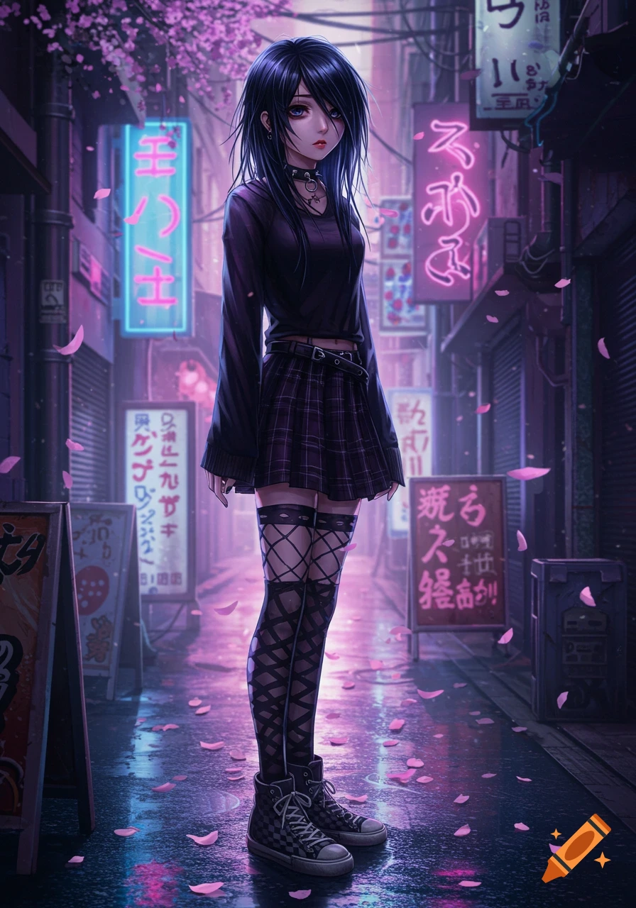 Anime girl in goth fashion stands on a wet neon-lit street with cherry blossoms.