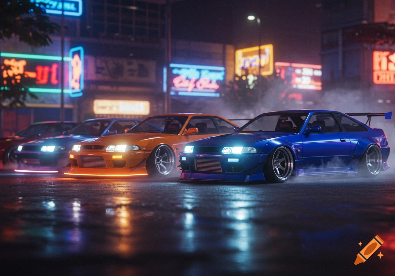 Three modified cars, an orange and a blue one in the foreground, parked on a wet city street at night under neon signs, with smoke rising.