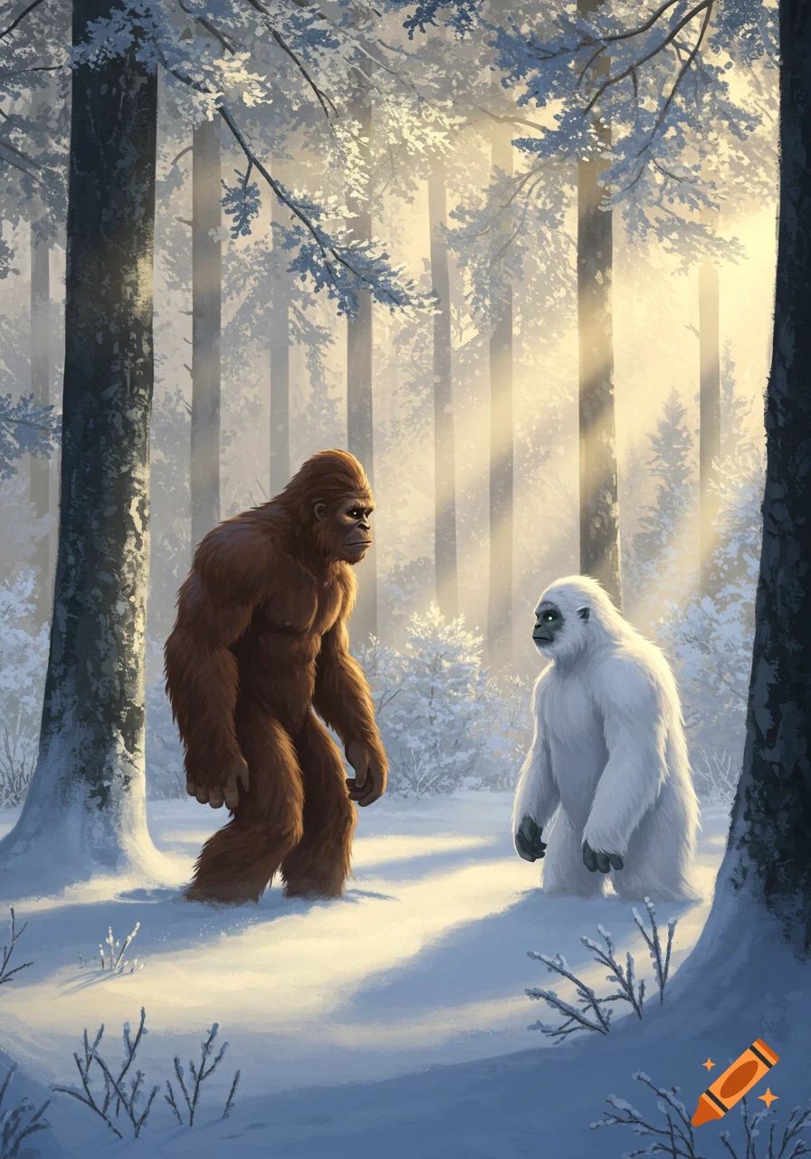 Bigfoot and Yeti stand in a snowy forest with sun rays filtering through the trees.