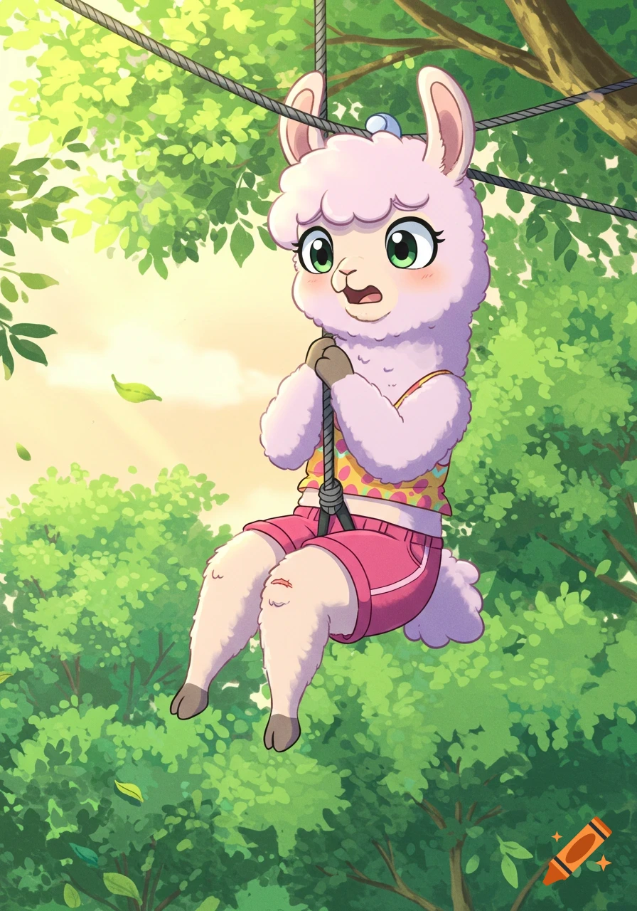 A cute anime-style pink llama in a tank top and shorts hangs from ropes in a sunny forest, with a scraped knee.