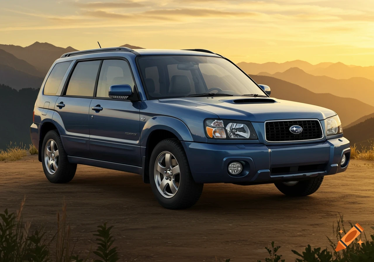 A blue Subaru Forester XT SUV parked on a dirt road with mountains and a sunset sky.