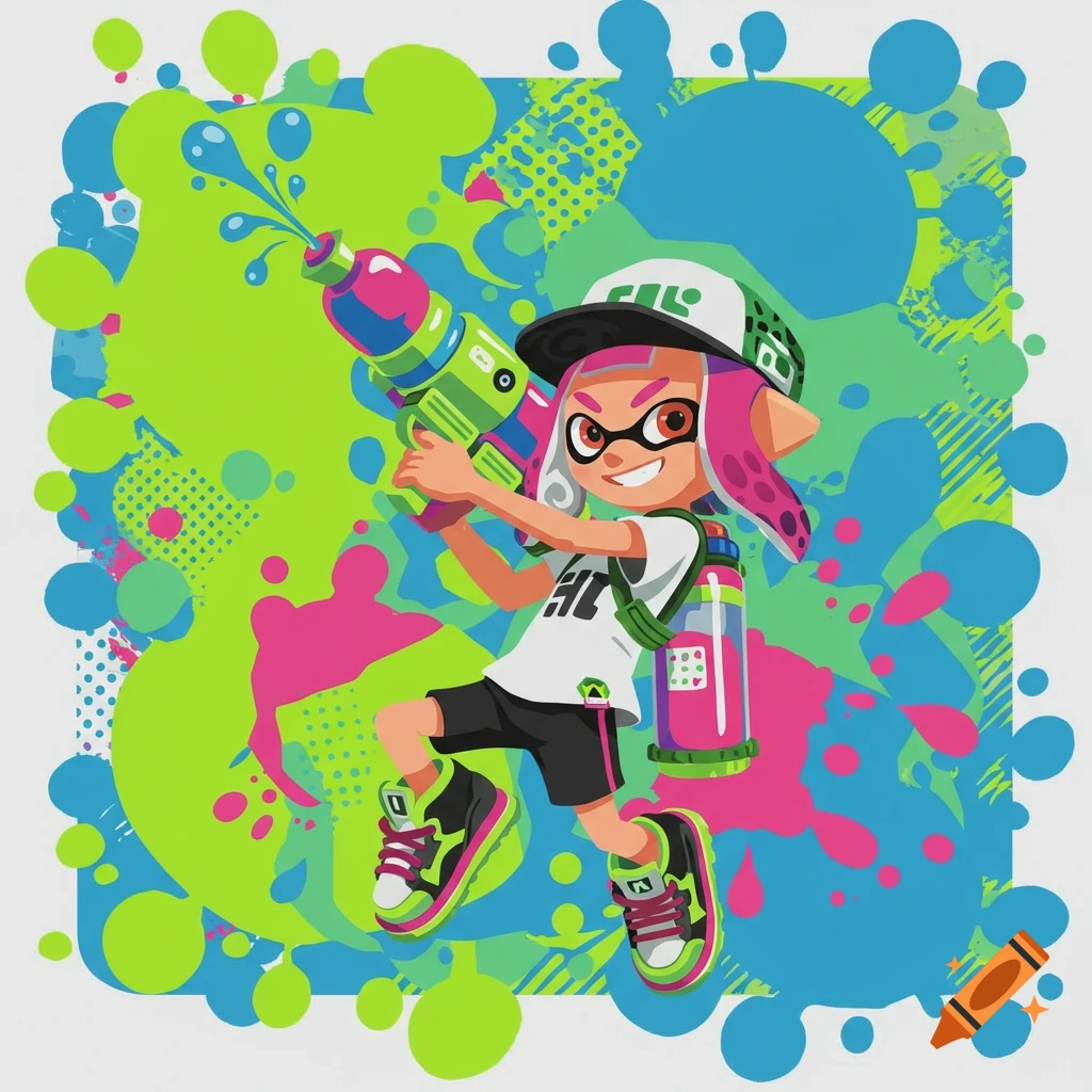 A vibrant, cartoon-style Splatoon character, an Inkling, holds a colorful ink gun amidst paint splatters.