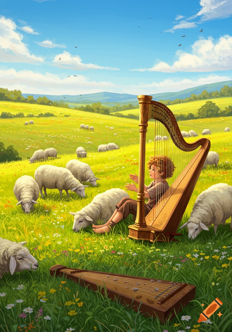 A boy sits playing a golden harp in a green, flower-filled pasture with sheep grazing around him under a blue sky.