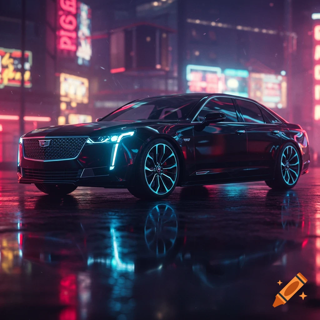 A black Cadillac sedan parked on a wet street at night, illuminated by neon lights from surrounding city buildings.