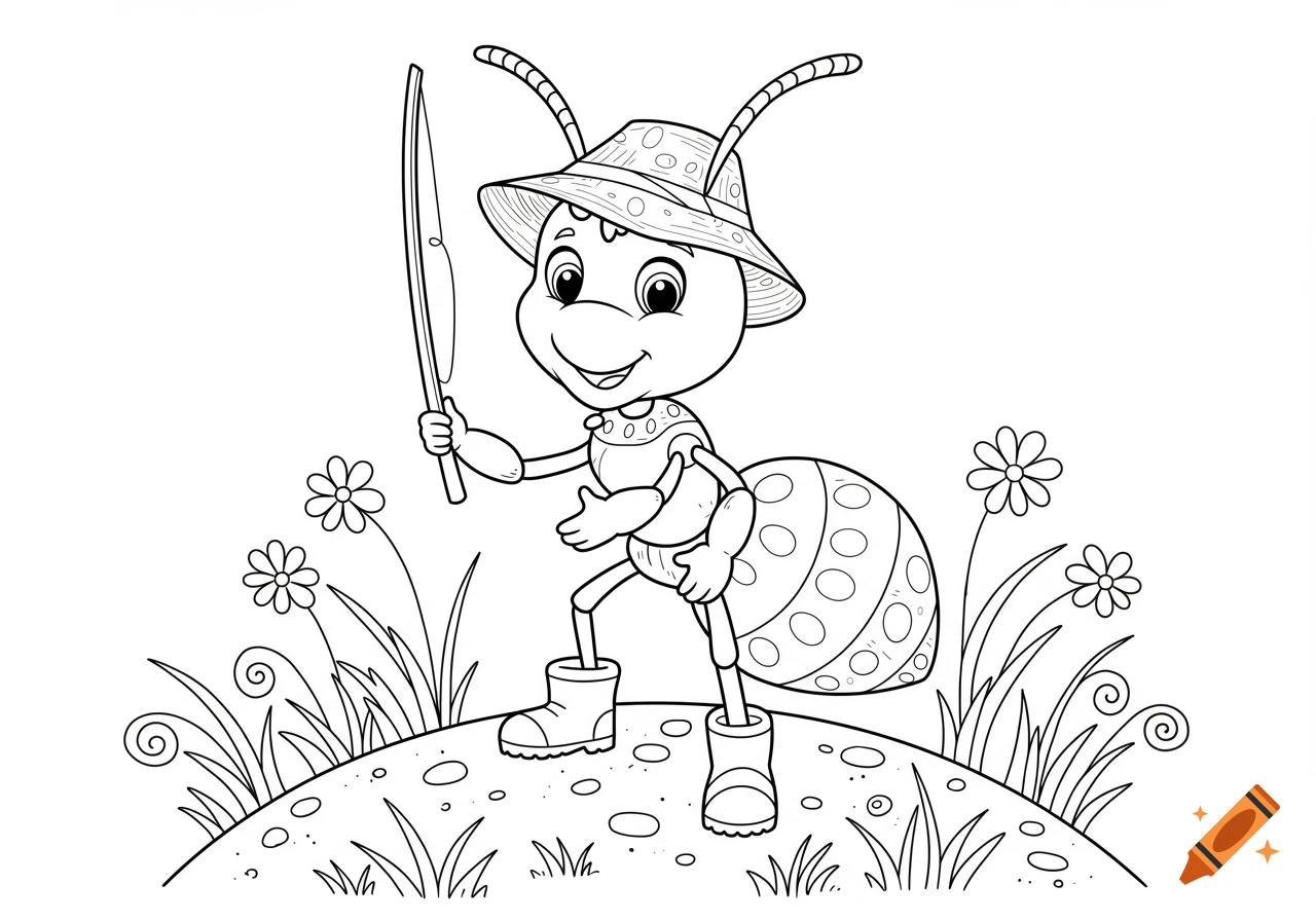 A black and white cartoon ant wearing a fisherman hat and boots, holding a stick, standing on a grassy hill with flowers, for a coloring book.