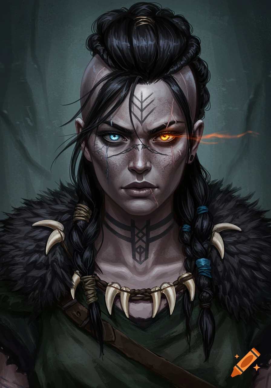 Close-up portrait of a fierce woman with dark braids, shaved head side, and bicolored eyes. She has scars, runes, a fur cloak, and a tooth necklace, in a digital painting style.