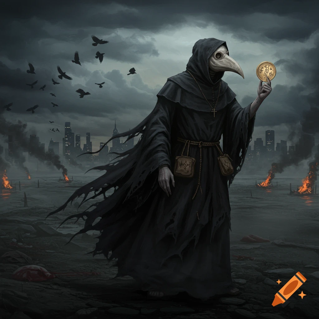 A plague doctor in a black robe and bird-beak mask stands in a desolate, burning cityscape under a stormy sky, holding up a golden coin.