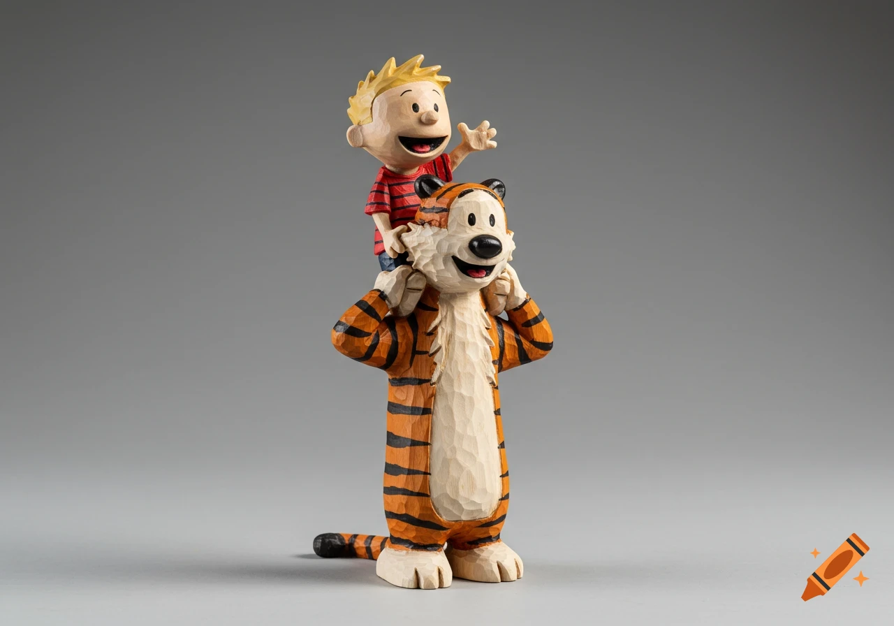 A wooden carved figurine of Calvin riding on Hobbes' shoulders against a plain grey background.