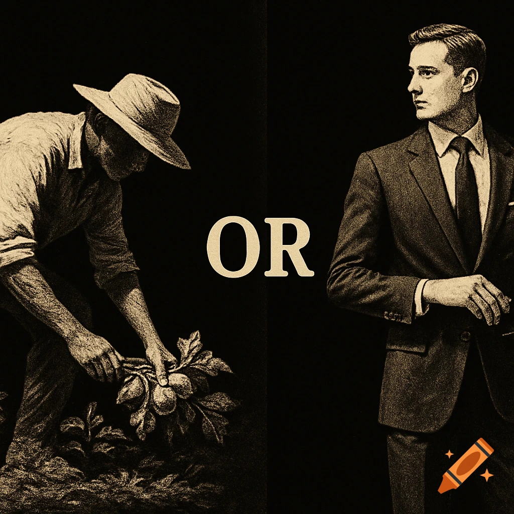 Sepia-toned illustration showing a farm worker on the left picking vegetables and a businessman on the right, with 'OR' text in the center.