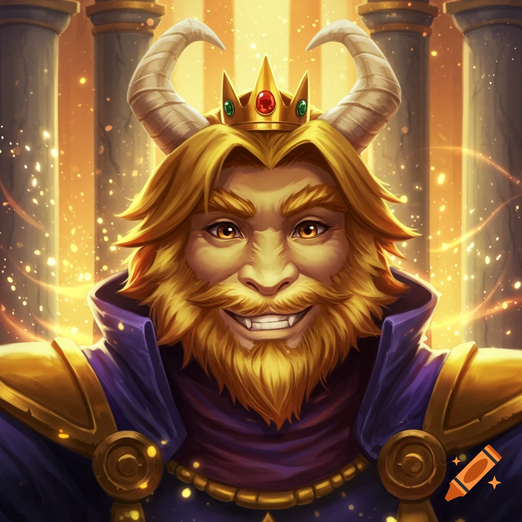 Close-up of a golden-bearded, horned king with a crown and purple robes, smiling in a grand hall with golden light.