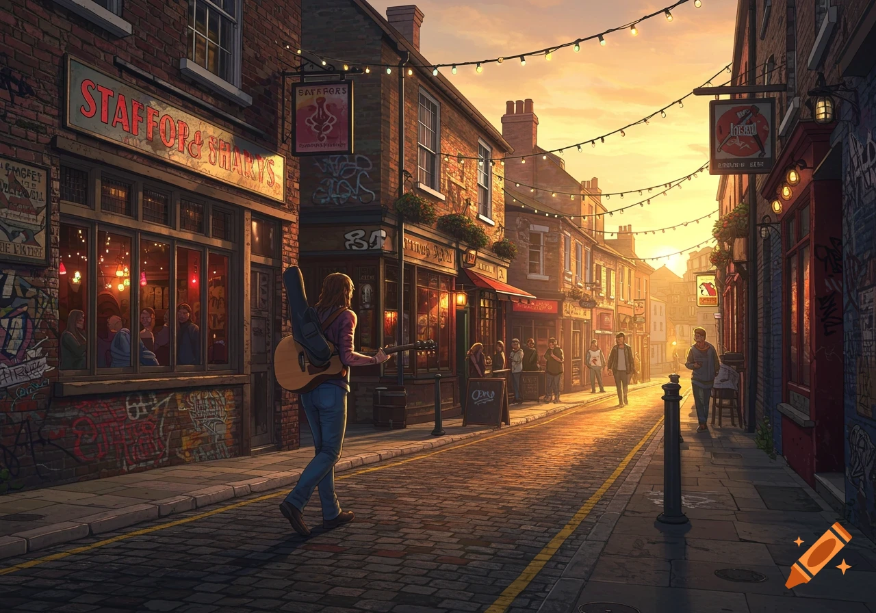 An illustration of a person with a guitar walking down a cobblestone street lined with brick buildings and pubs at sunset, with string lights overhead.