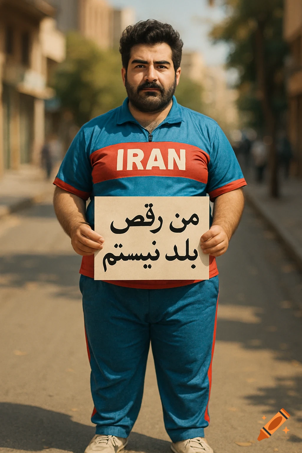A plump Iranian man in a blue and red tracksuit stands on a street, holding a sign that reads 'I don't know how to dance' in Farsi.