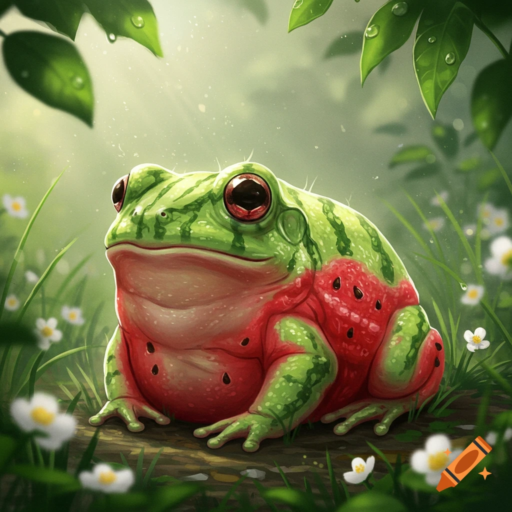 A whimsical frog resembling a watermelon sits in a lush, sunlit forest.