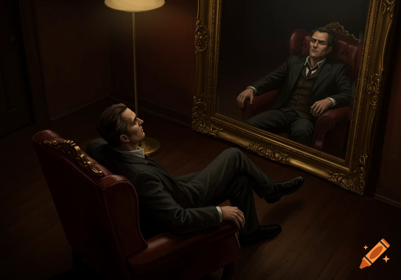 A man in a suit reclines in a chair, looking up at his stern reflection in a large, ornate mirror in a dimly lit room.