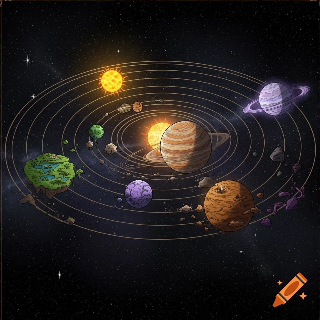 A fantasy-style star map depicts a solar system with two suns, multiple unique planets, and asteroid belts, set against a dark starry background.
