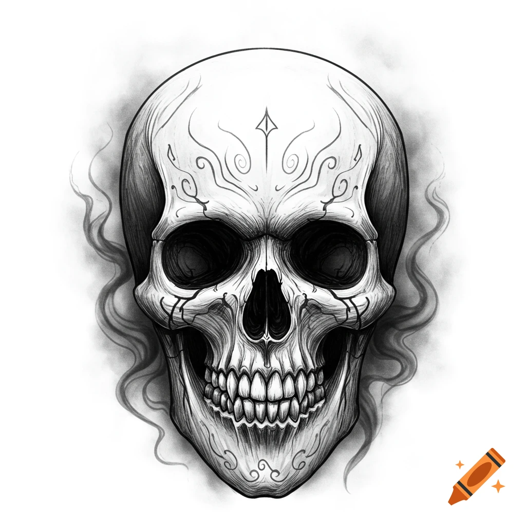 A detailed black and white sketch of a skull with decorative patterns and smoky tendrils on a white background.