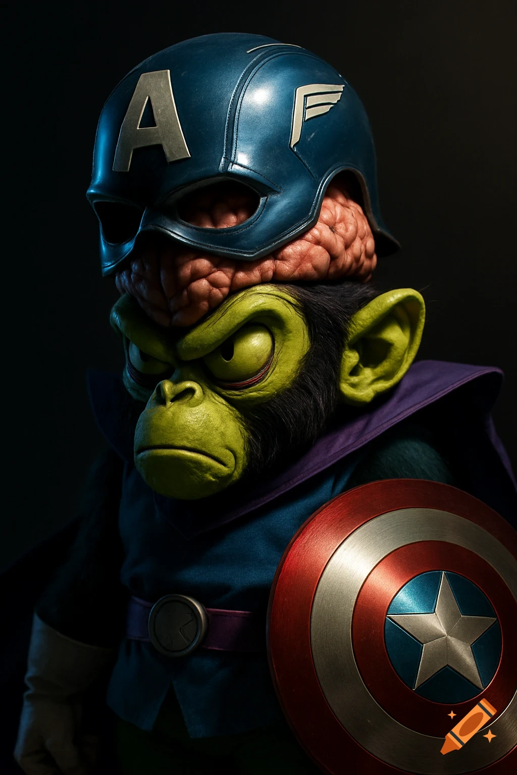A close-up, photorealistic image of Mojo Jojo, wearing a blue Captain America helmet with an 'A' logo, and holding a Captain America shield.