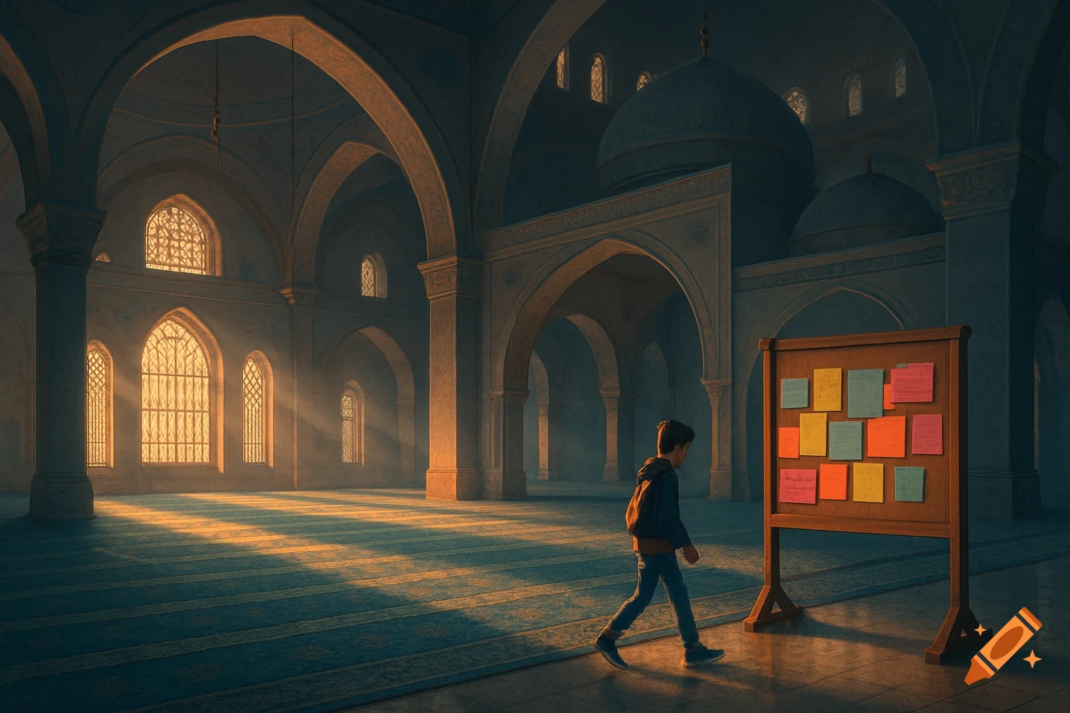 A young boy walks past a bulletin board in a grand mosque, illuminated by sunlight streaming through arched windows.