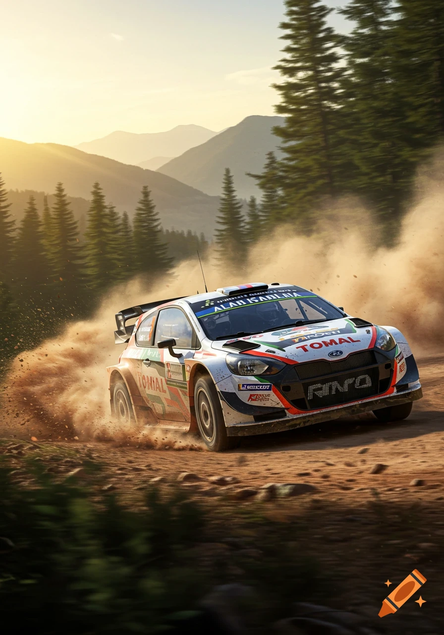 A photorealistic rally car speeds on a dusty dirt road, kicking up dirt, with pine trees and mountains in the background under a sunset.
