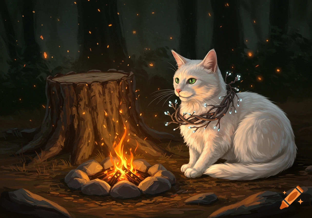 A white cat with glowing light beads on a twig collar sits by a campfire next to a tree stump in a dark forest, digital illustration.
