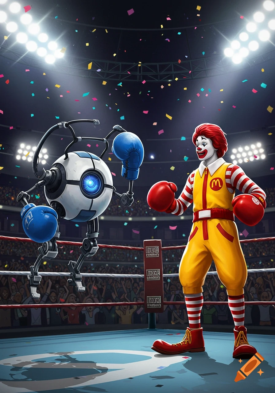 Wheatley from Portal and Ronald McDonald, both wearing boxing gloves, face each other in a boxing ring. Confetti falls around them.