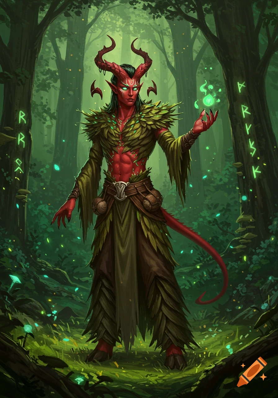A red-skinned, horned tiefling in leaf armor stands in a magical forest, holding a glowing green orb. Fantasy character art.