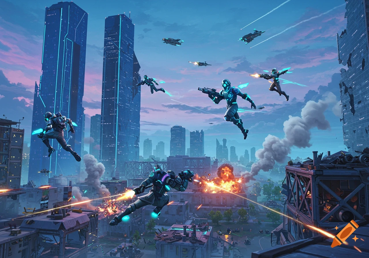 Armored futuristic soldiers fly and battle in a vibrant, war-torn cityscape with explosions and laser fire, resembling a video game.