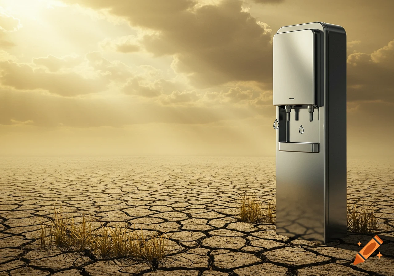 A metallic water dispenser stands on cracked, dry earth under a cloudy, sunlit sky, with water drops falling from its spouts.